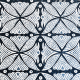 Detail of fabric in a botanical geometric print in shades of blue, black and white.