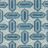 Detail of fabric in a dense geometric print in shades of blue and navy on a cream field.