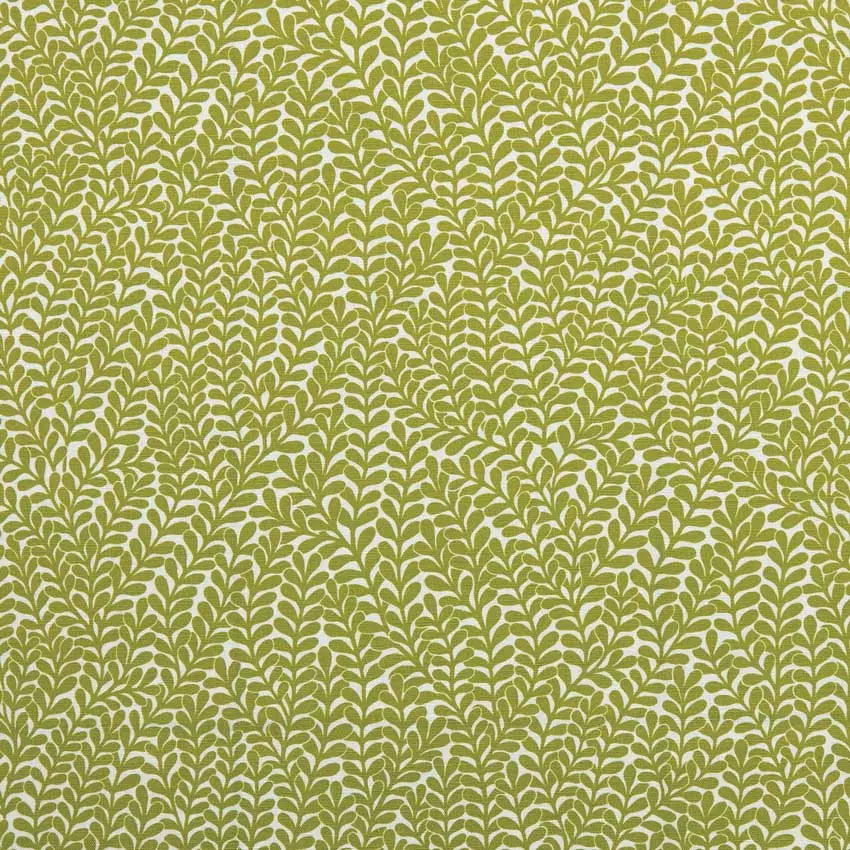 Detail of fabric in a scrolling stem and leaf print in lime on a cream field.