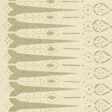 Detail of wallpaper in a bordered teardrop print in tan on a cream field.