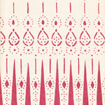 Detail of wallpaper in a bordered teardrop print in dark pink on a cream field.