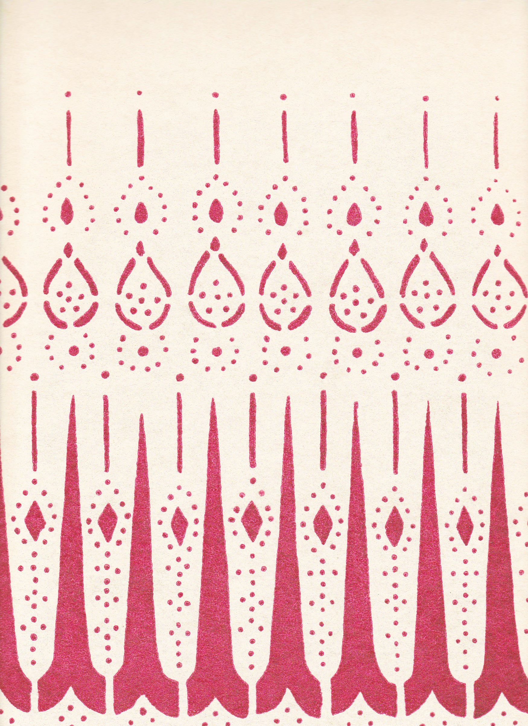 Detail of wallpaper in a bordered teardrop print in dark pink on a cream field.