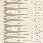 Detail of fabric in a bordered teardrop print in tan on a cream field.