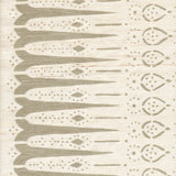 Detail of fabric in a bordered teardrop print in tan on a cream field.