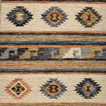 A flatweave rug with beige, rust, grey, blue and olive with Navajo-inspired geometric designs