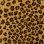 A animal pattern rug with leopard spots in brown, outlined dark brown on a gold ground.