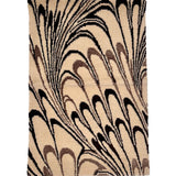 A rug with an ivory background and abstract pattern in medium brown and dark brown.