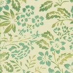 Detail of fabric in a floral print in mottled turquoise and green on a cream field.