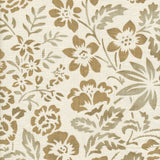 Detail of fabric in a floral print in mottled gray and tan on a cream field.