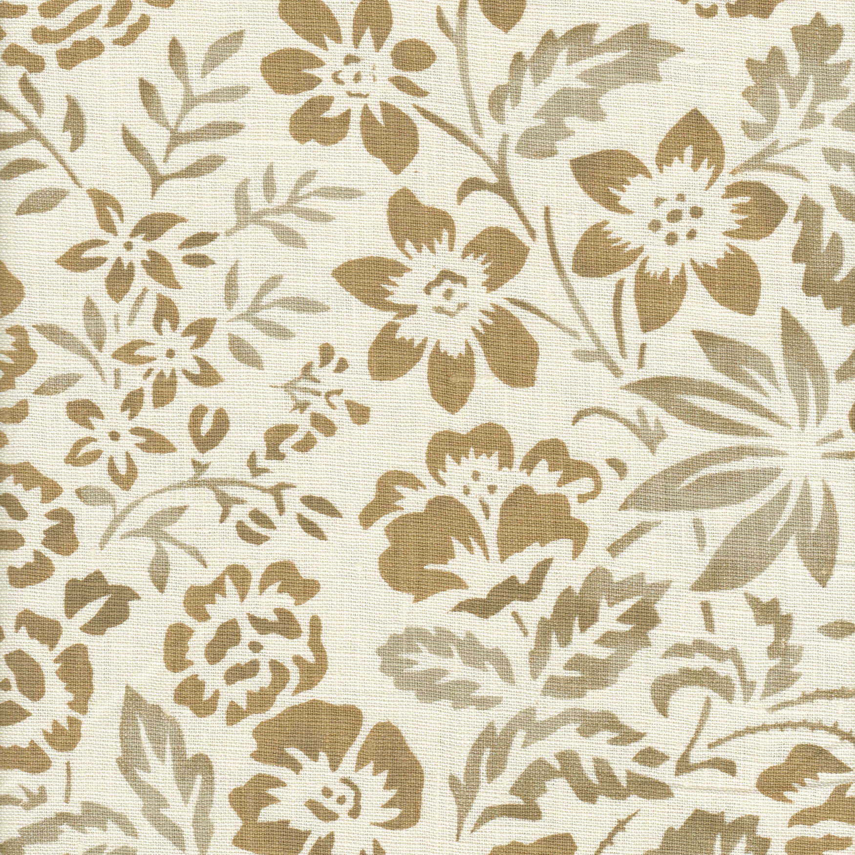 Detail of fabric in a floral print in mottled gray and tan on a cream field.