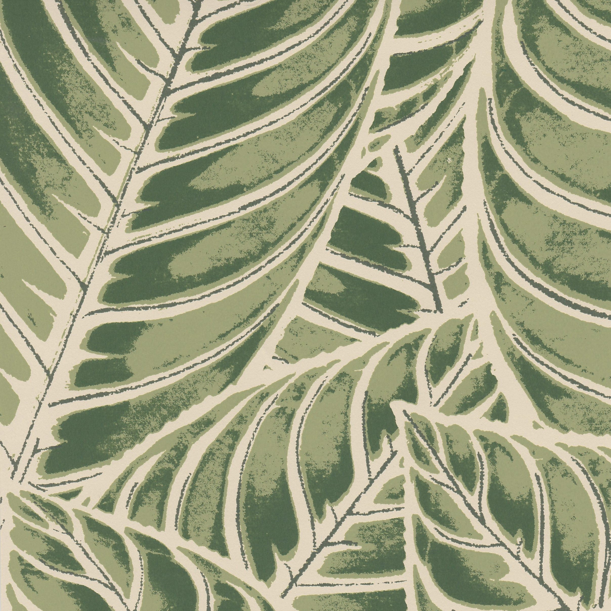 Detail of wallpaper in a large-scale leaf print in shades of green on a tan field.