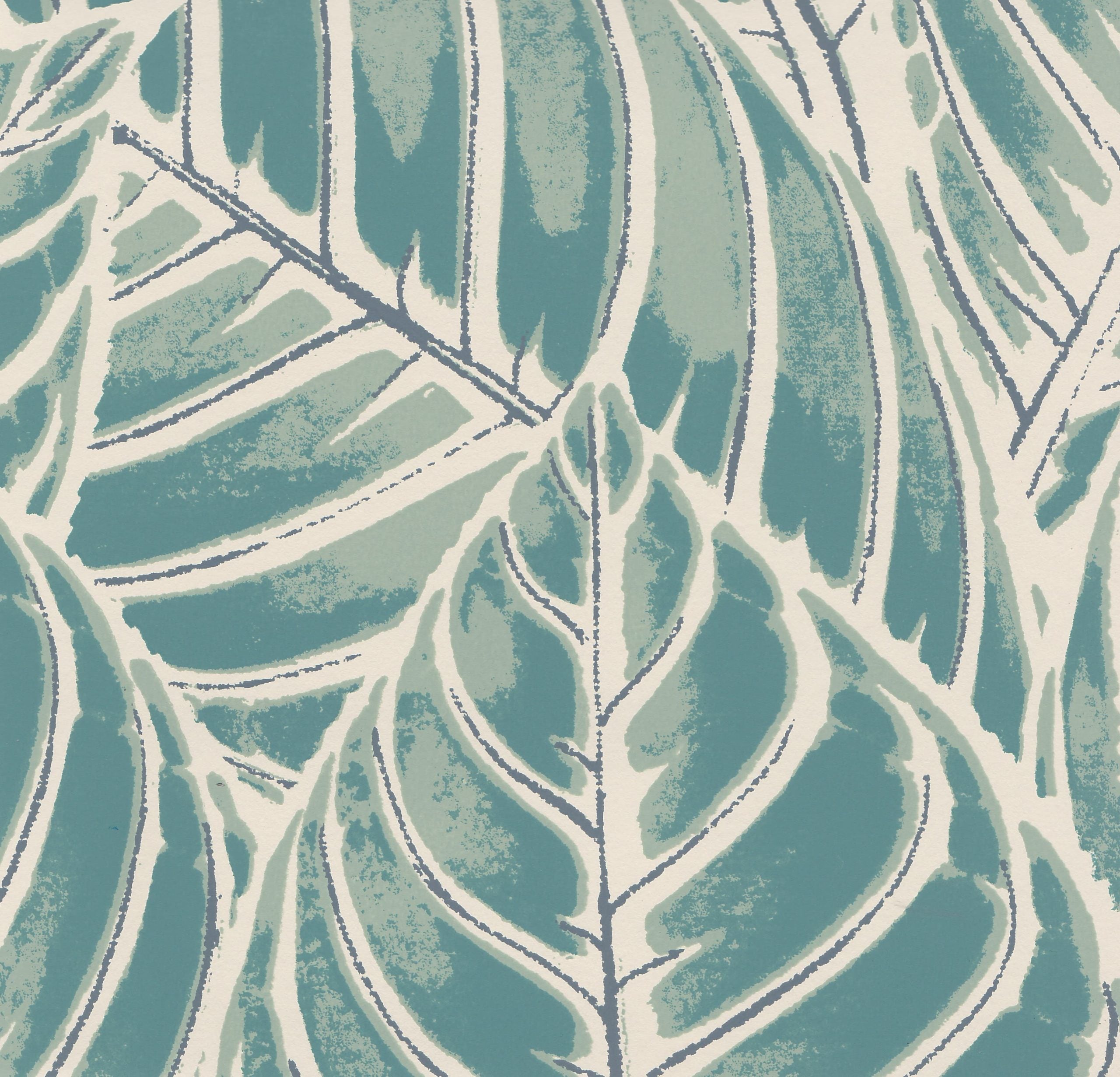 Detail of wallpaper in a large-scale leaf print in shades of blue and turquoise on a tan field.