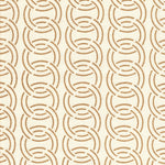 Detail of fabric in an interlocking circular pattern in brown on a cream field.