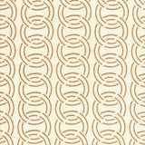 Detail of fabric in an interlocking circular pattern in brown on a cream field.