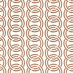 Detail of fabric in an interlocking circular pattern in brown on a cream field.