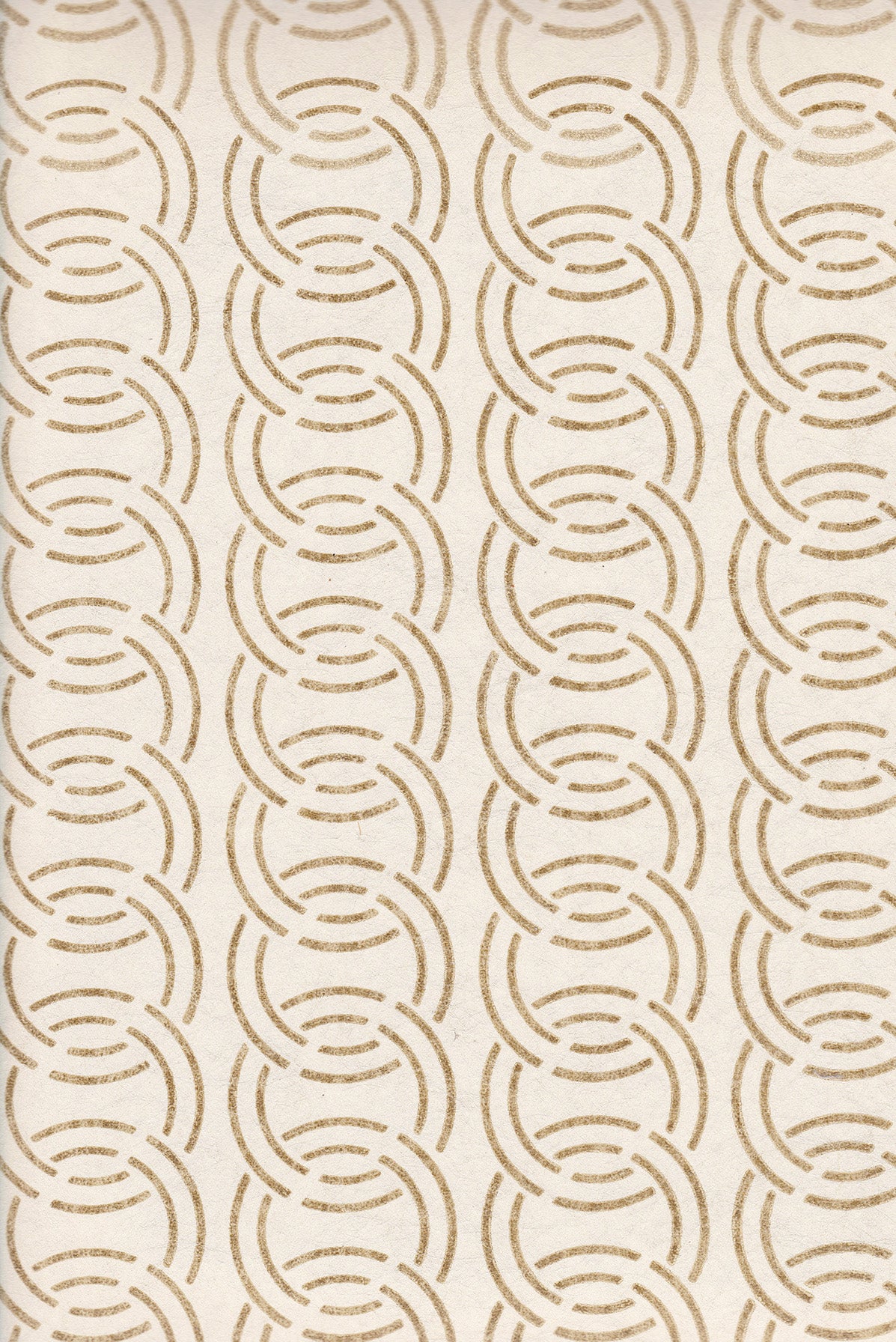 Detail of wallpaper in an interlocking circular pattern in mottled brown on a cream field.