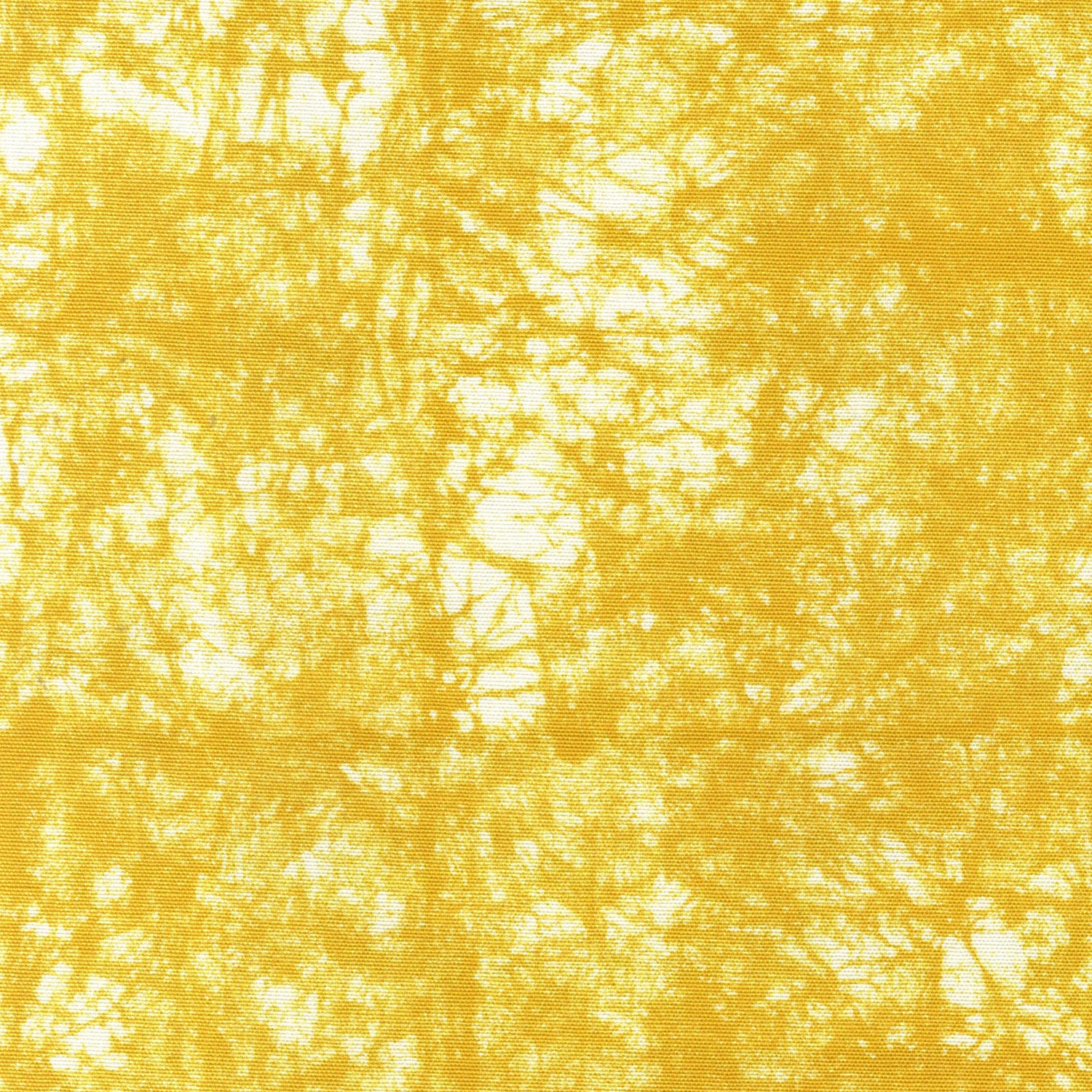 Detail of fabric in a textural splatter print in yellow on a cream field.