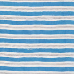 Detail of fabric in a painterly striped pattern in gray and blue on a white field.