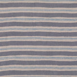Detail of fabric in a painterly striped pattern in gray and blue on a tan field.