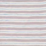 Detail of fabric in a painterly striped pattern in light gray and blue on a cream field.