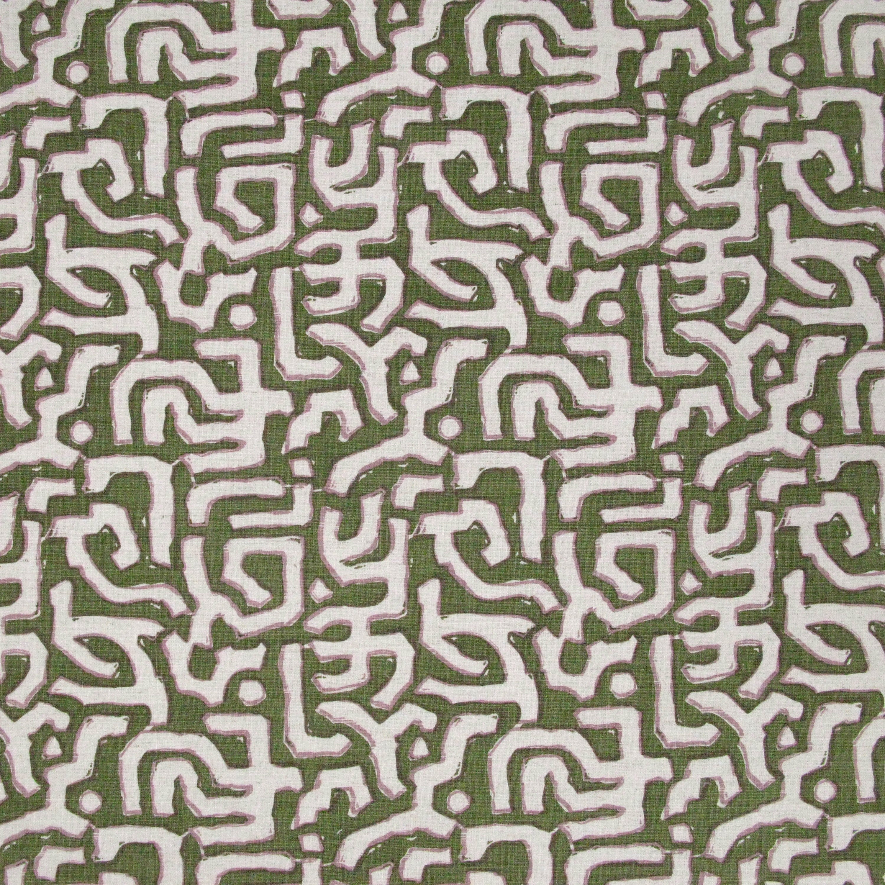 Fabric in an abstract meandering shape print in white and purple on an olive field.