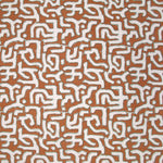 Fabric in an abstract meandering shape print in white and sage on a rust field.