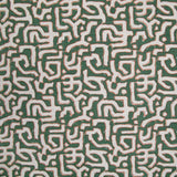 Fabric in an abstract meandering shape print in white and coral on an emerald field.