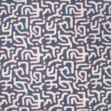 Fabric in an abstract meandering shape print in white and purple on a navy field.