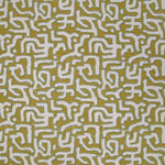 Fabric in an abstract meandering shape print in white and sage on a mustard field.