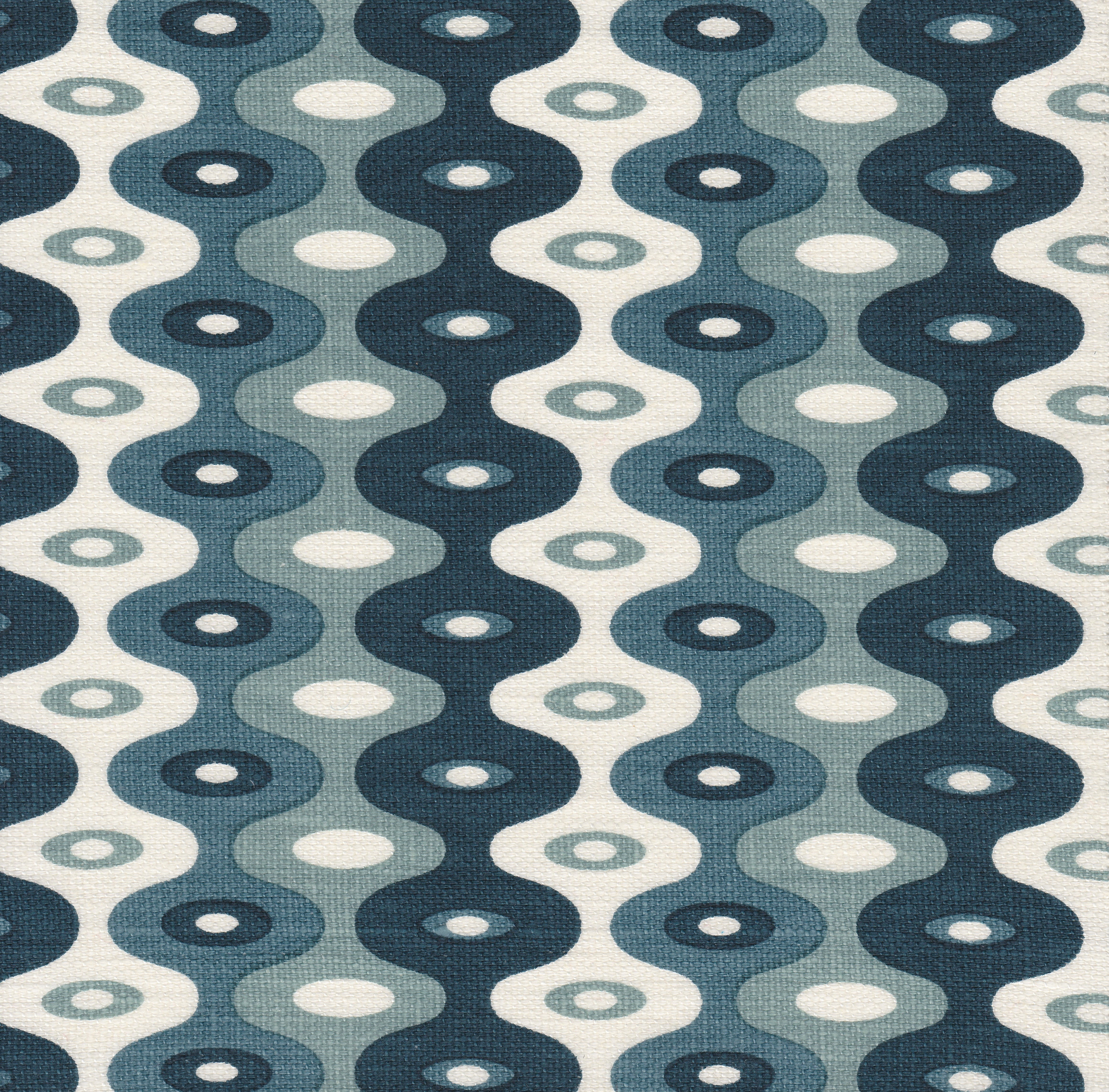 Detail of fabric in a playful curving stripe print in shades of blue, white and navy.