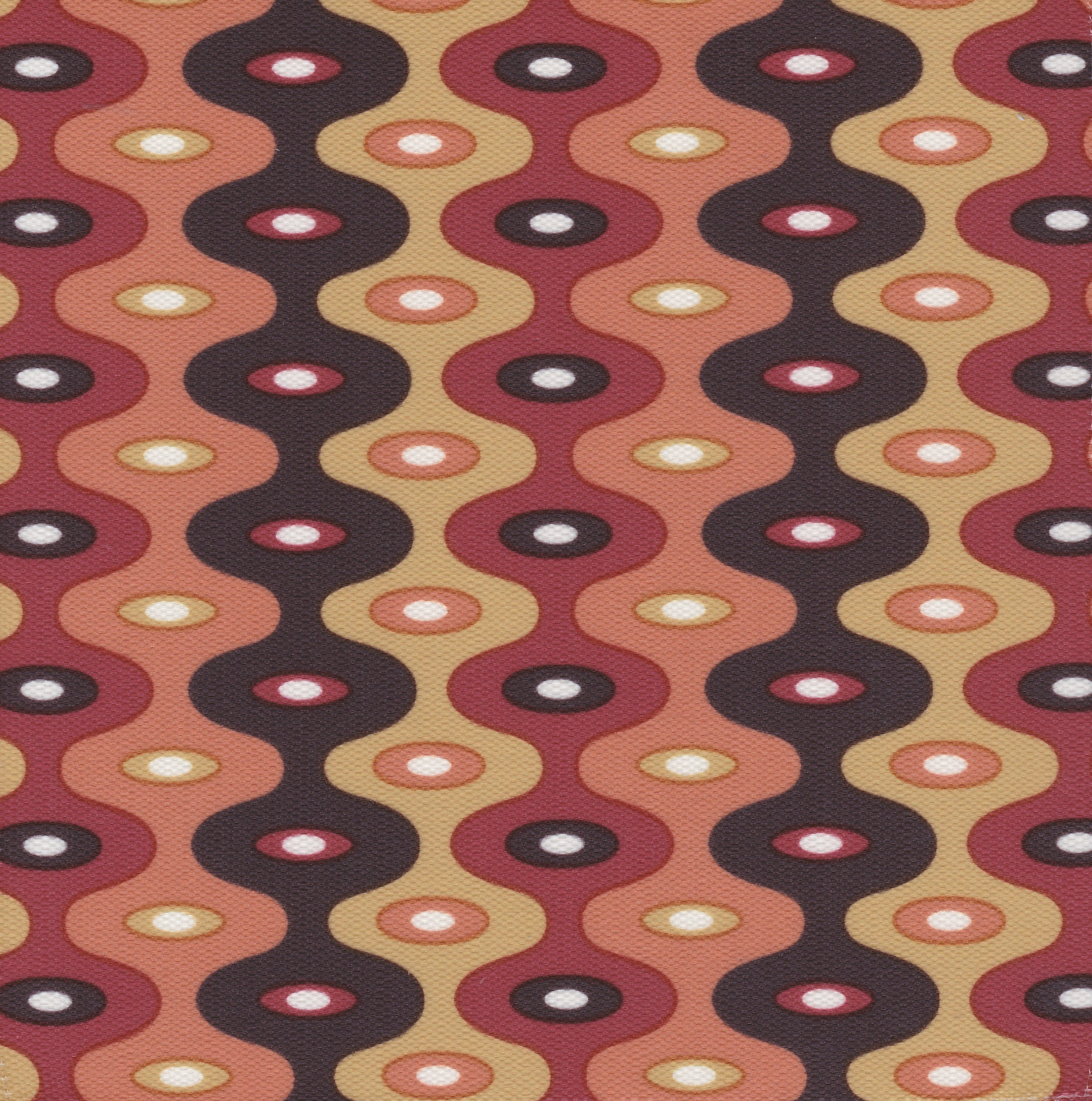 Detail of fabric in a playful curving stripe print in shades of red, mustard and brown.