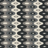 Detail of fabric in a playful curving stripe print in shades of gray and white.