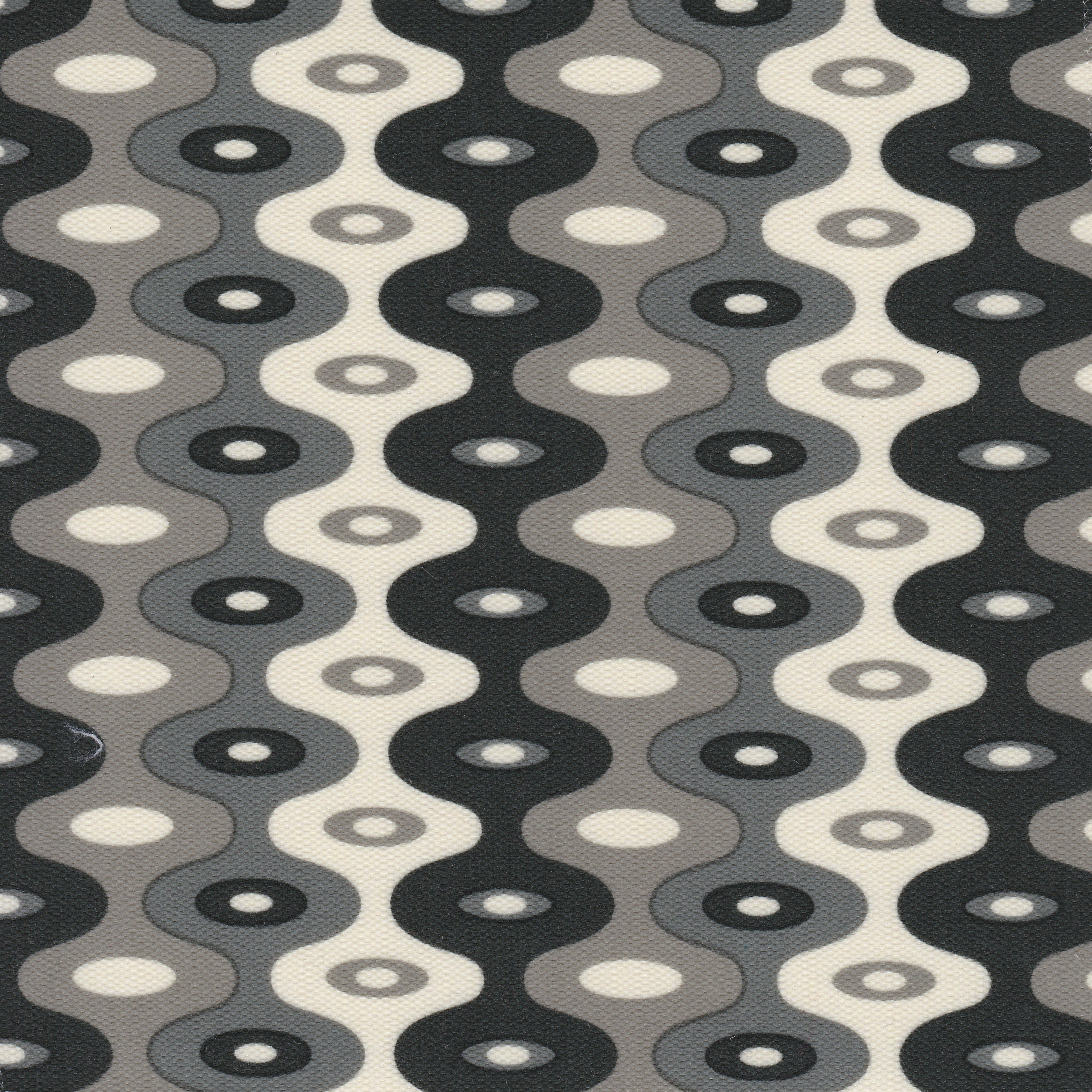 Detail of fabric in a playful curving stripe print in shades of gray and white.