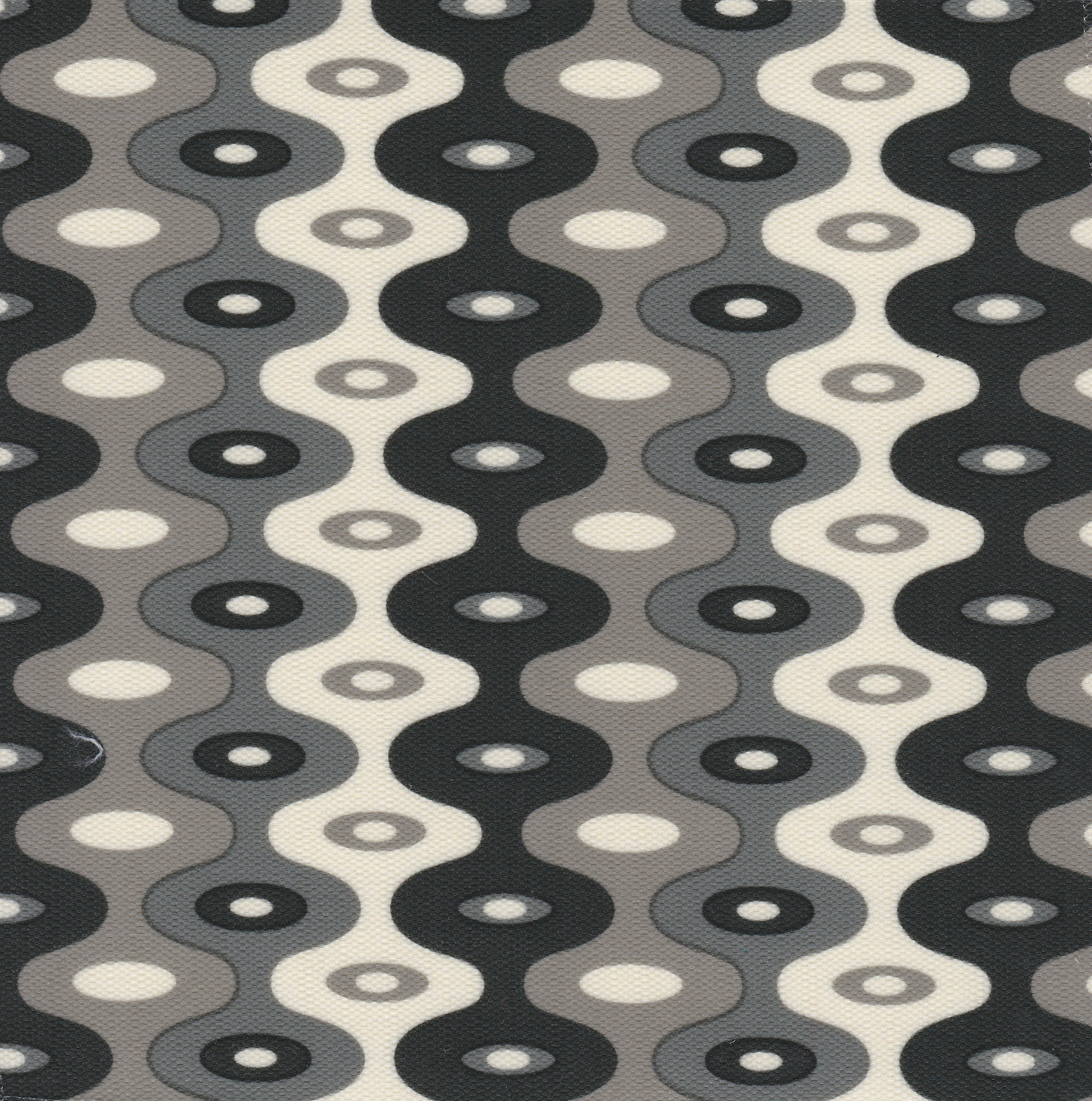 Detail of fabric in a playful curving stripe print in shades of gray and white.