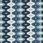 Detail of fabric in a playful curving stripe print in shades of blue, white and navy.