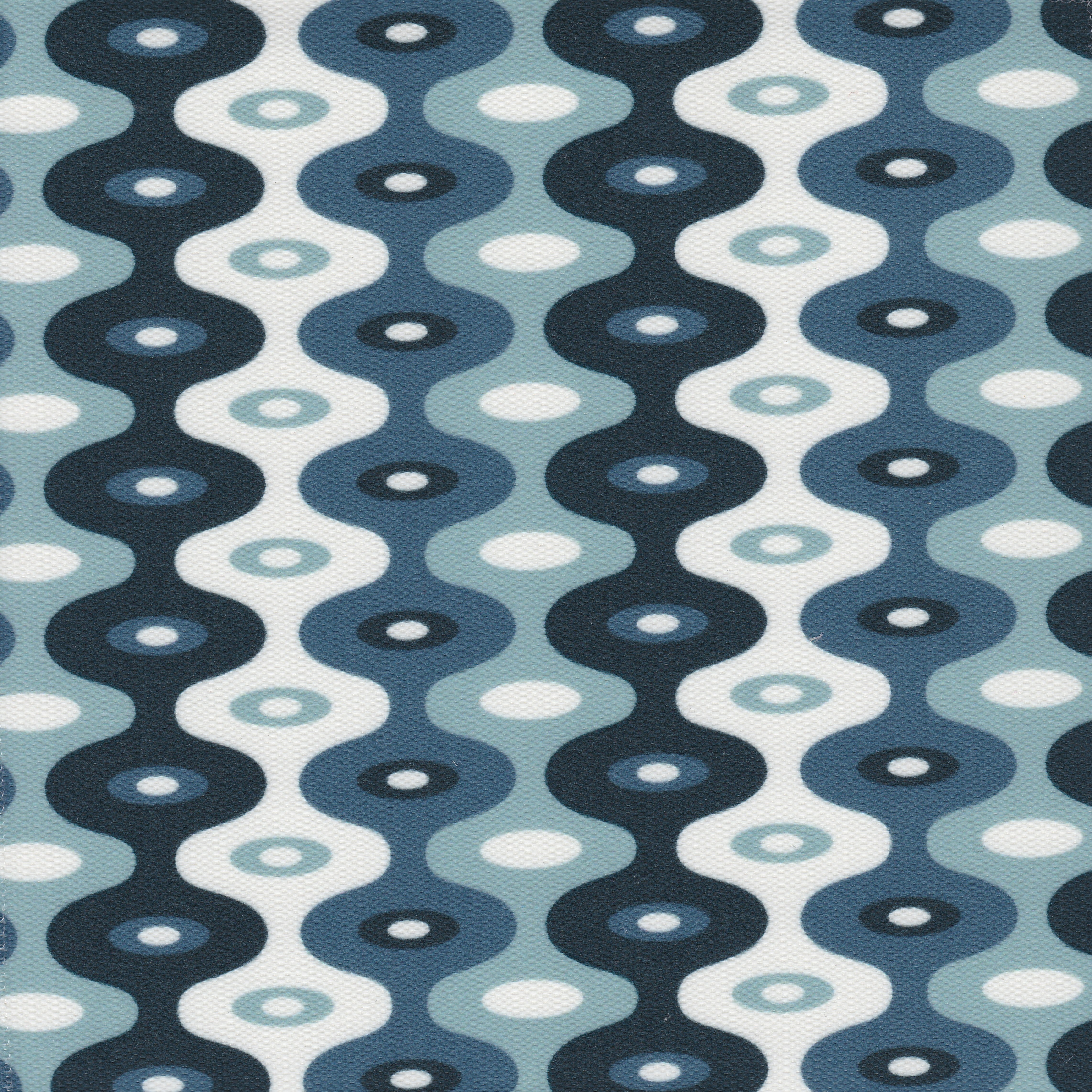 Detail of fabric in a playful curving stripe print in shades of blue, white and navy.