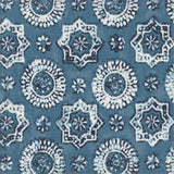 Detail of fabric in a geometric damask print in shades of navy and white on a blue field.