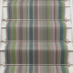 Striped flatweave runner in green blue grey on white staircase