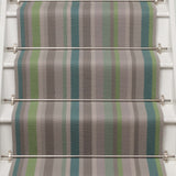 Striped flatweave runner in green blue grey on white staircase