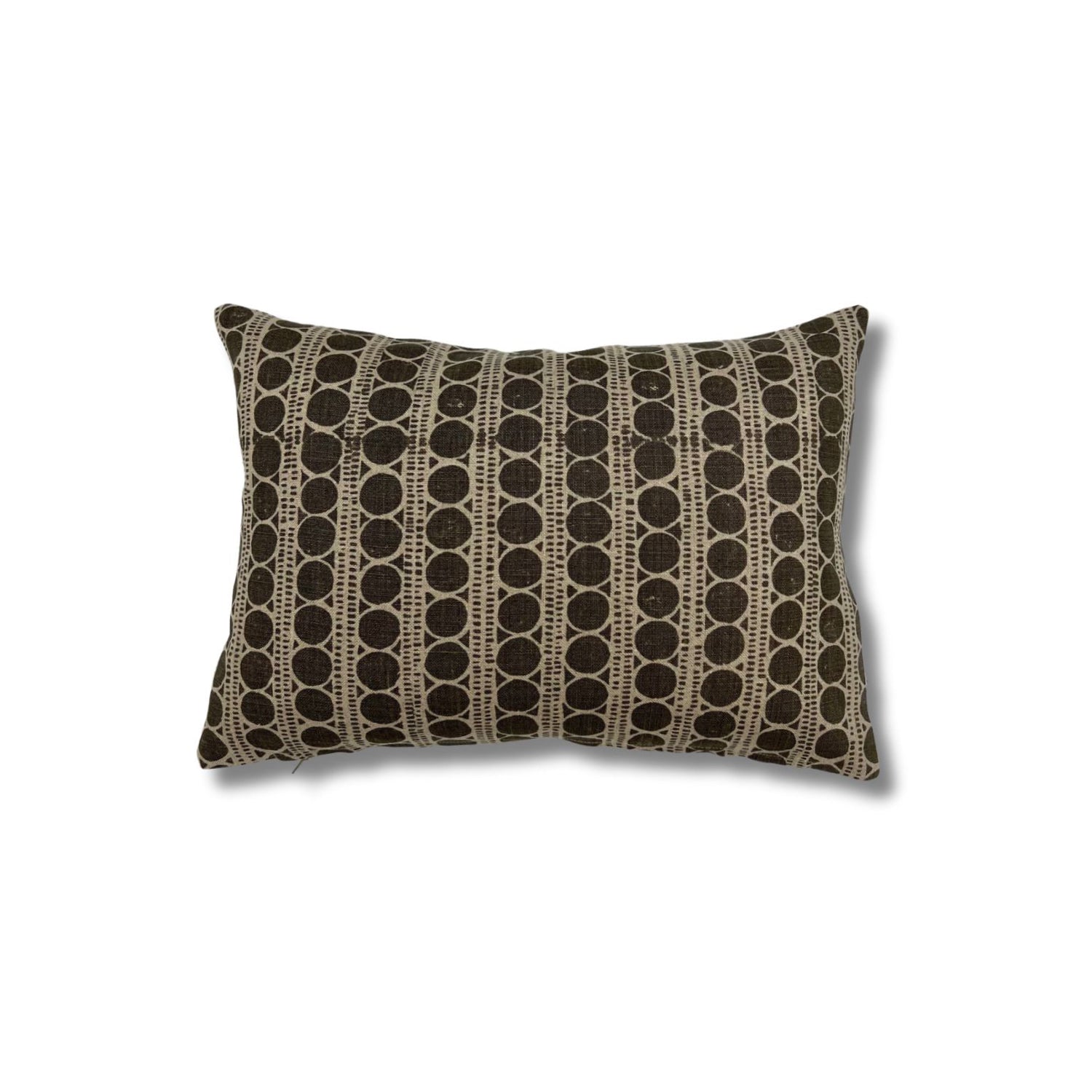 Rectangular throw pillow with a striped pattern made of circles and dashed lines in charcoal grey on a natural linen background.