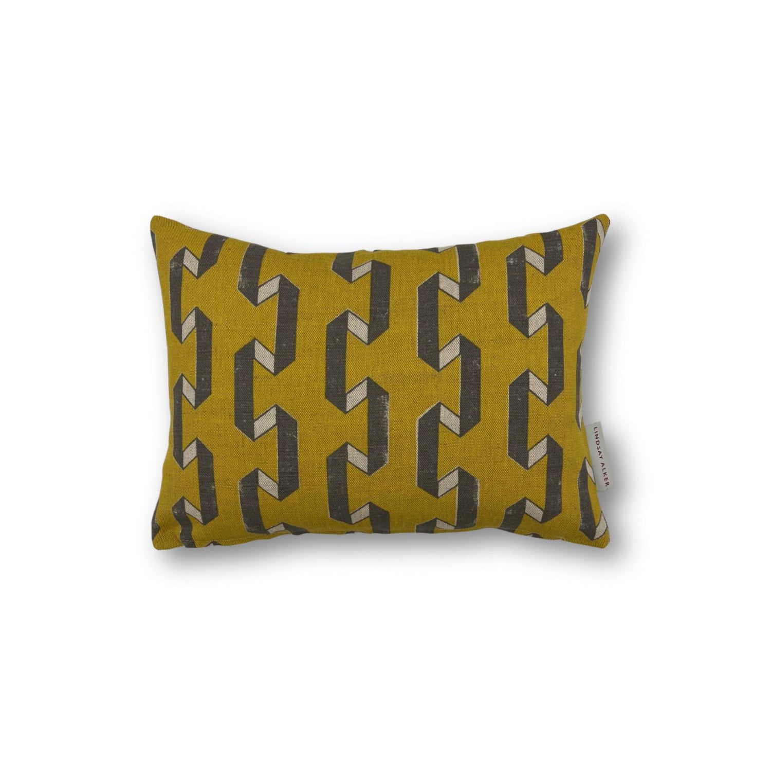 Rectangular throw pillow in mustard yellow, with a grey 'folded ribbon' stripe motif.