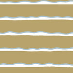 Detail of fabric in a wide undulating stripe pattern in light blue and white on a gold field.