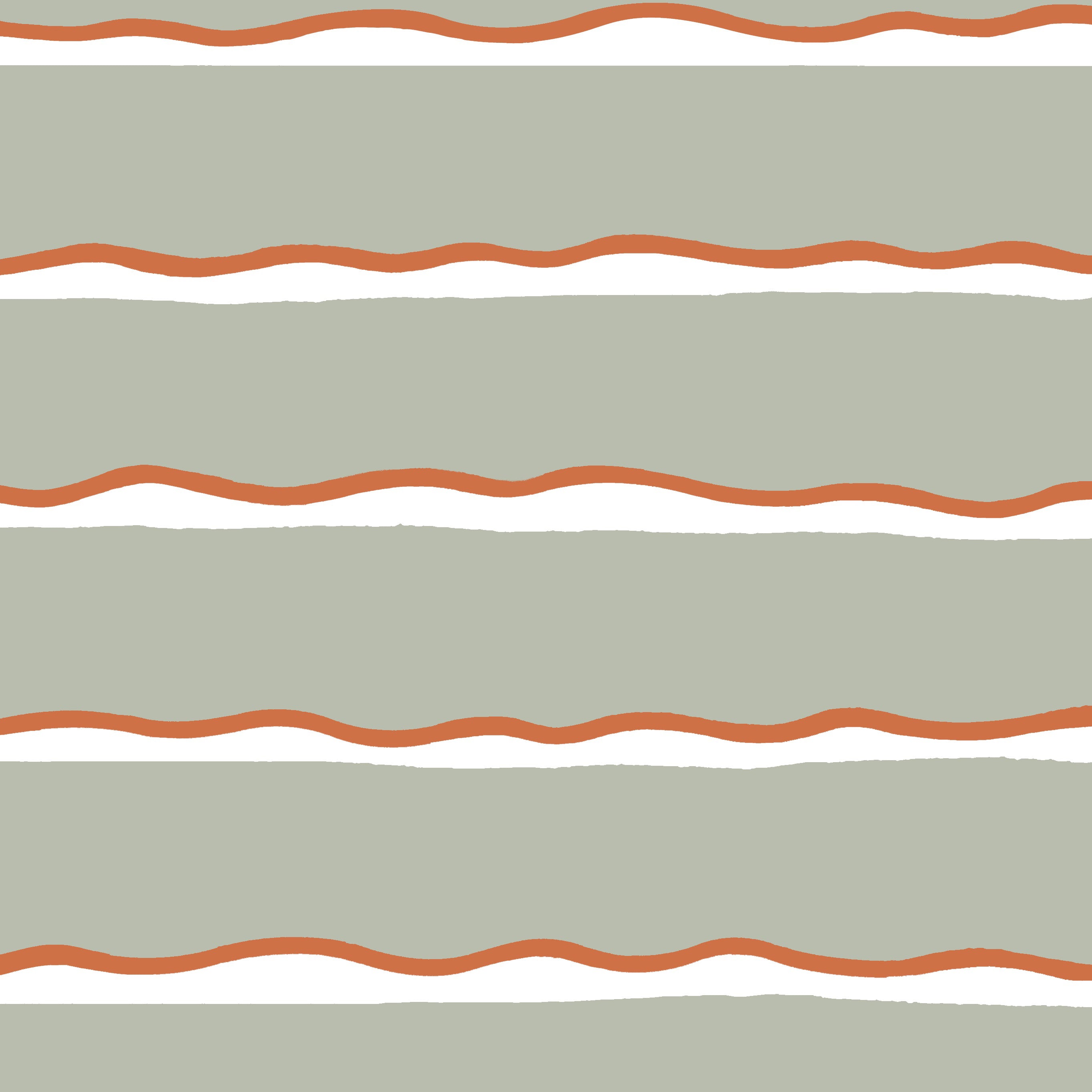 Detail of fabric in a wide undulating stripe pattern in coral and white on a light green field.