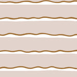 Detail of fabric in a wide undulating stripe pattern in brown and white on a light pink field.