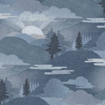 Patterned fabric with blue and gray landscape design featuring trees and mountains.