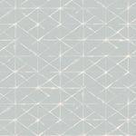 Detail of fabric in a mottled lattice print in white on a light blue field.