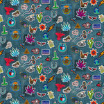 Collection of colorful embroidered patches on a denim fabric background