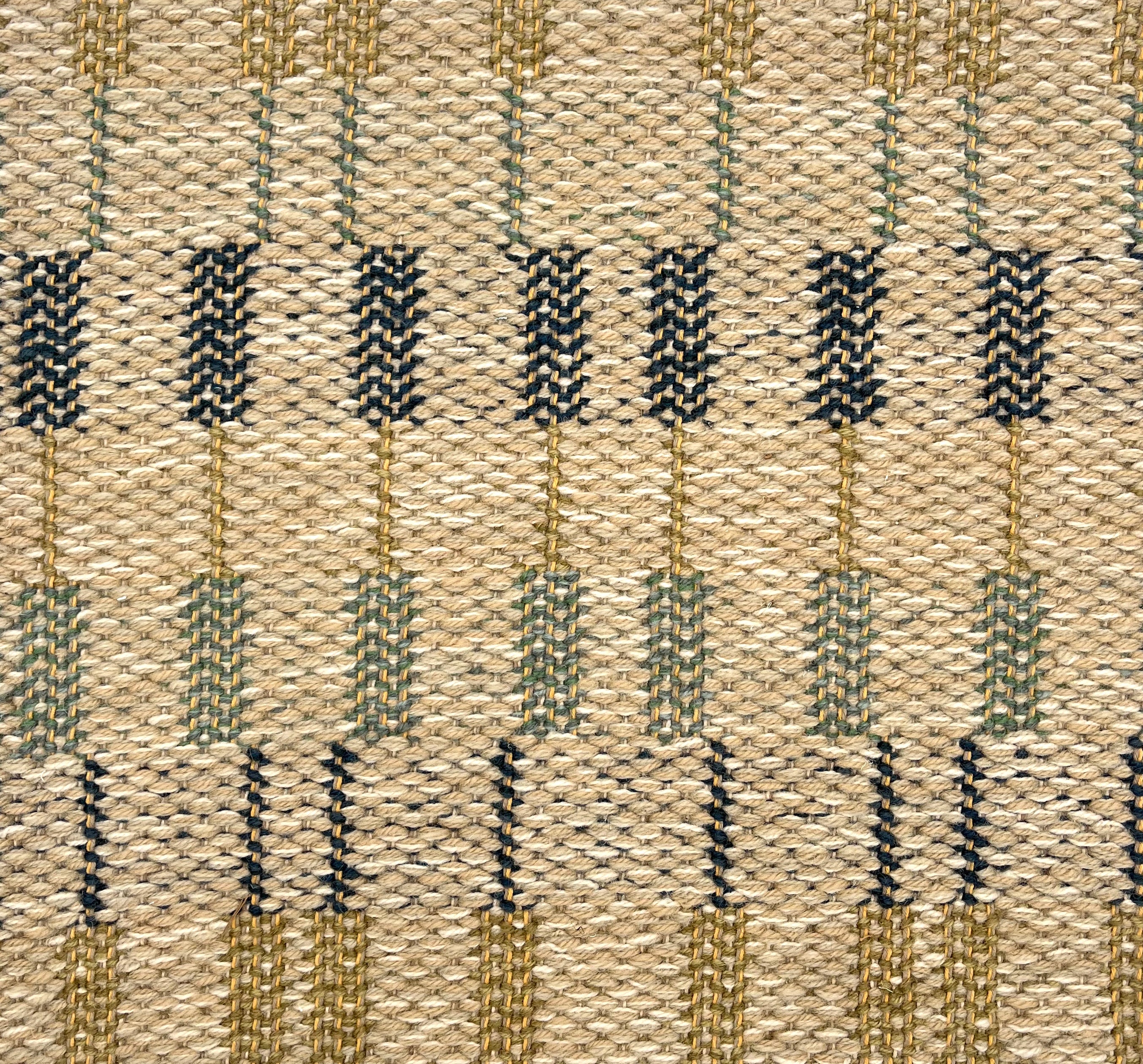 Handwoven rug detail in a contemporary design in tan, green and black