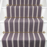 Striped flatweave runner in taupe dark grey on white staircase