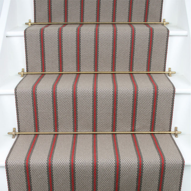 Striped flatweave runner in light grey  with red on white staircase